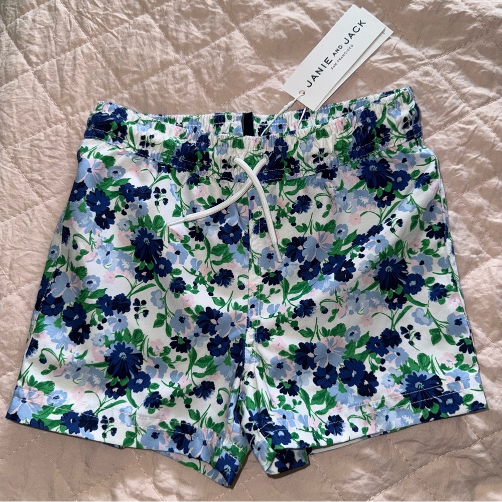 Janie & Jack Boys 2T French Blue Floral Swim Trunks